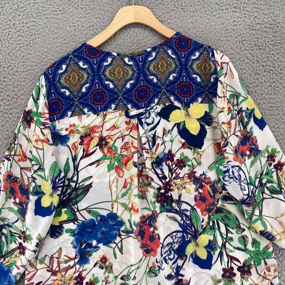 Fig And Flower Dress Womens Large Blue Multi Floral Shirt Tunic 1/4 Button Up - Picture 4 of 11